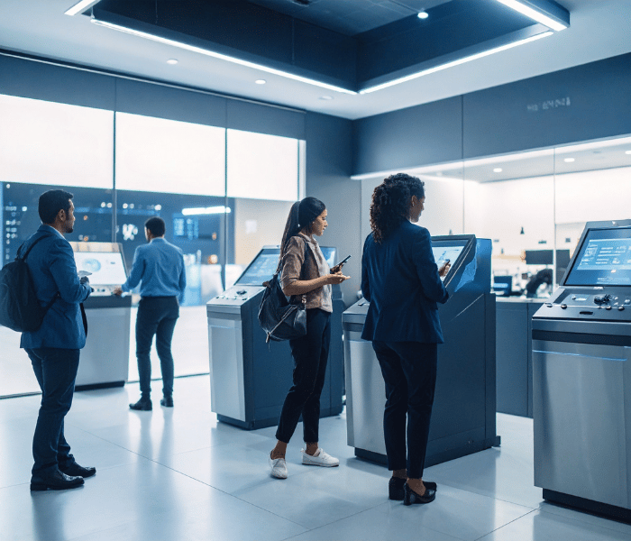 Los clientes bancarios se ayudan a sí mismos con máquinas bancarias automatizadas copian