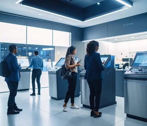 Personas en una sucursal bancaria futurista sin efectivo