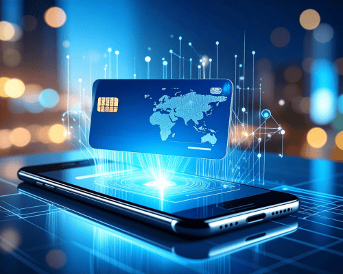 Tarjeta de pago digital proyectada desde una copia de un teléfono inteligente