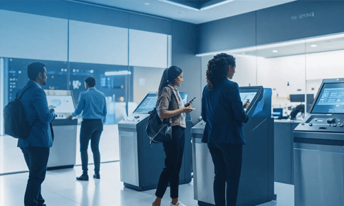Futurista sucursal bancaria con máquinas de autoservicio
