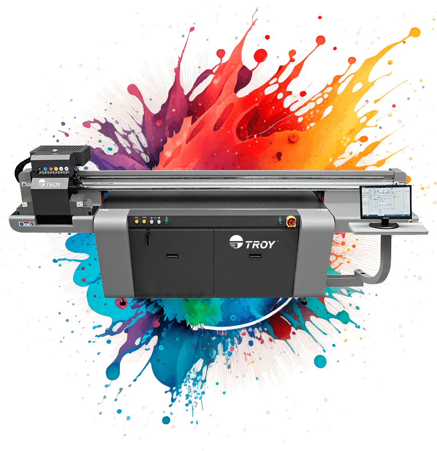 Impresora plana UV TROY con fondo de salpicaduras de tinta